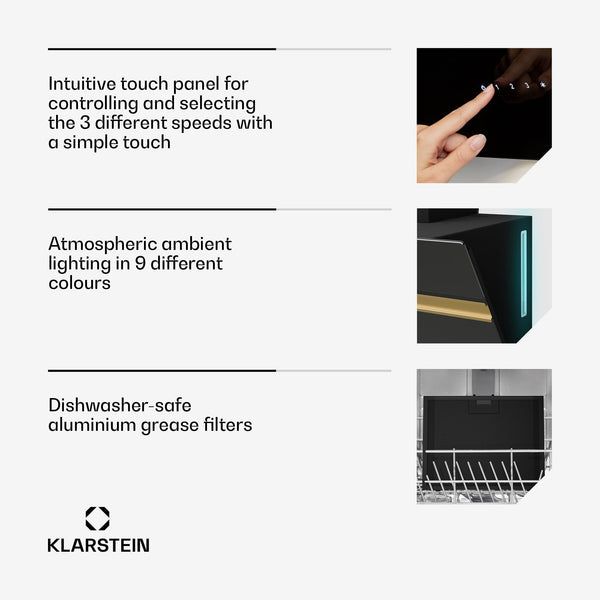 Klarstein Alina 90 Angled Cooker Hood - 600m³/h Air Flow, Touch Panel, LED Backlighting, Quiet 63dB, Energy Class A, 90cm Extractor Hood, Black