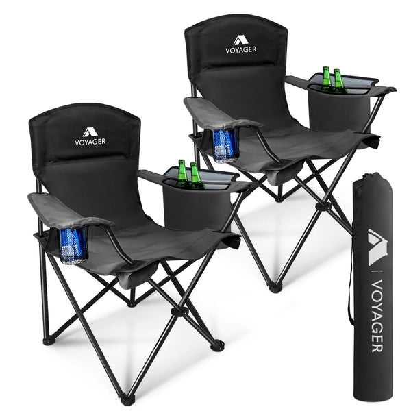 Voyager Folding Camping Chairs 2 Pack with Cooler Bag, Lightweight Q195 Steel Frame, 600D Oxford Fabric, Portable & Comfortable - Black (Black, Padded)