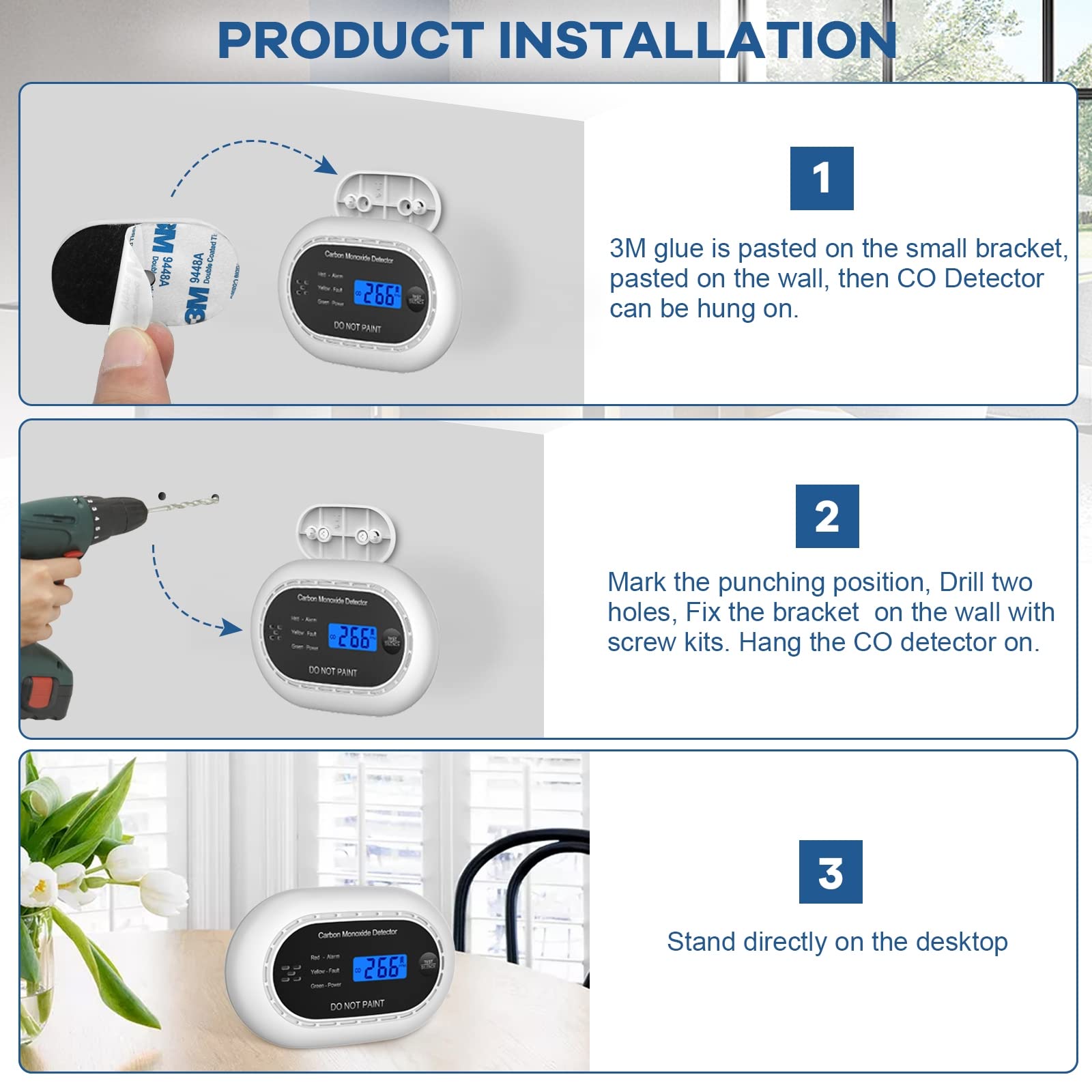 Carbon Monoxide Detector with LCD Digital Display, CE Certified CO Alarm with Sealed in 10 Year Battery, Standalone Audible CO Detector for Home,Black,1 Pack