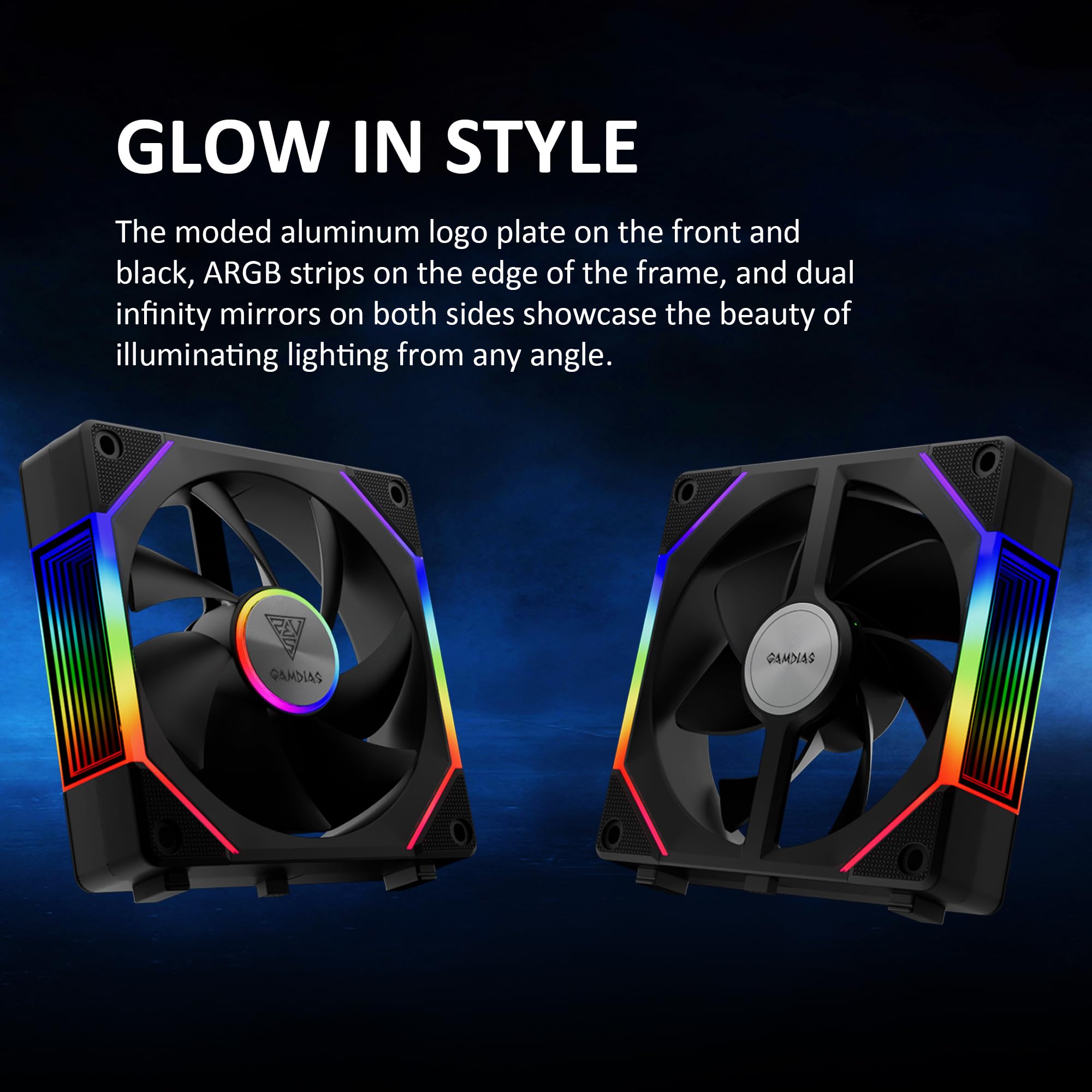 GAMDIAS 120mm ARGB PC Case Fans, Computer Case Fan, Cabless Daisy Chain Connection, Dual Infinity Mirror Lighting, Swappable Fan Blade for Reverse Airflow, Performance 30mm Thick, With Control Box