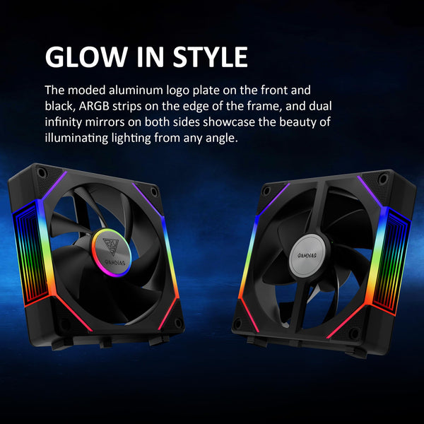 GAMDIAS 120mm ARGB PC Case Fans, Computer Case Fan, Cabless Daisy Chain Connection, Dual Infinity Mirror Lighting, Swappable Fan Blade for Reverse Airflow, Performance 30mm Thick, With Control Box