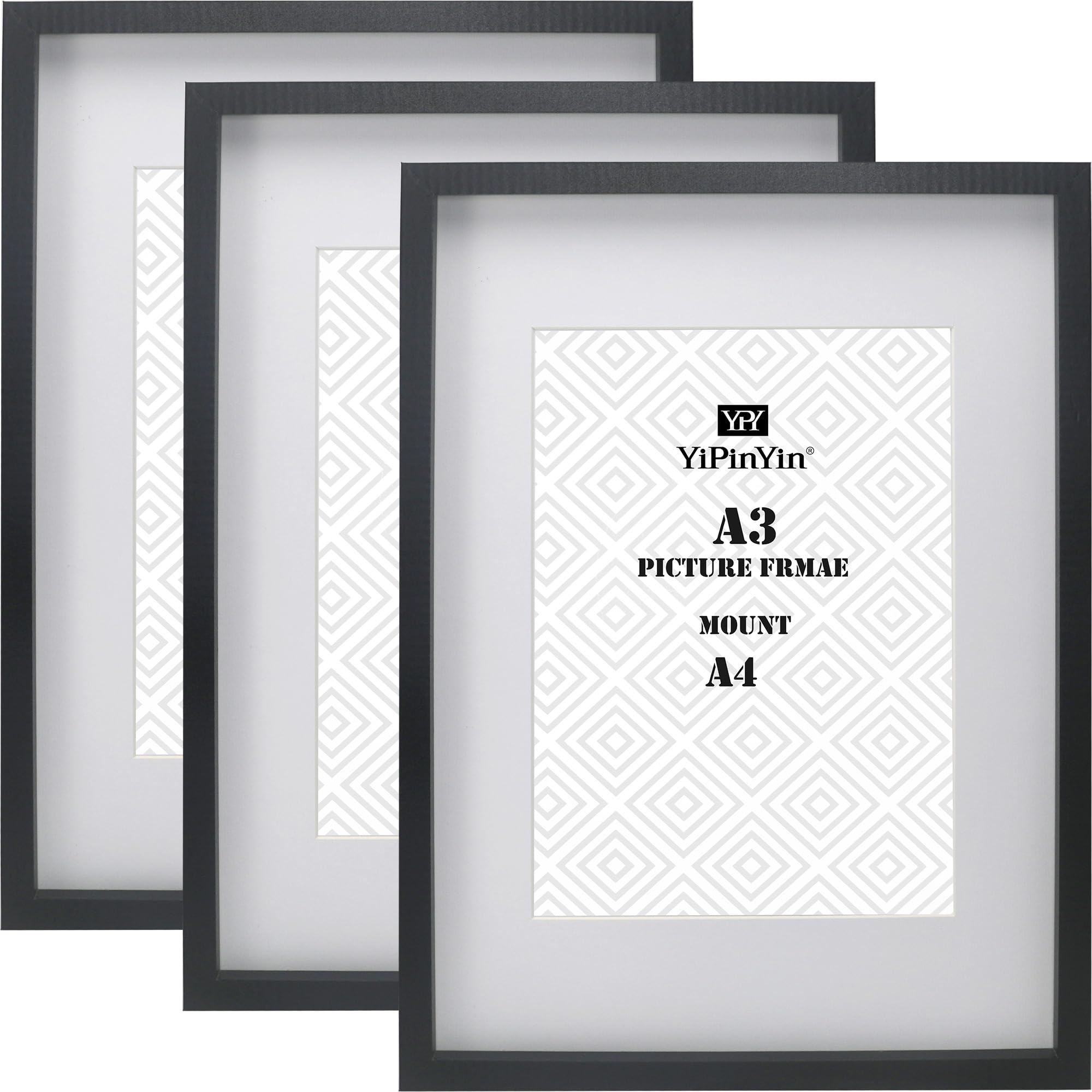 Black 50x70cm Boxed Picture Frames Set of 3 with Mounts for 40x60cm, 70x50cm poster frame with Acid Free mount for 40x60cm photo (Black 3Pack)