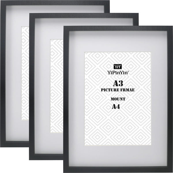 Black 50x70cm Boxed Picture Frames Set of 3 with Mounts for 40x60cm, 70x50cm poster frame with Acid Free mount for 40x60cm photo (Black 3Pack)