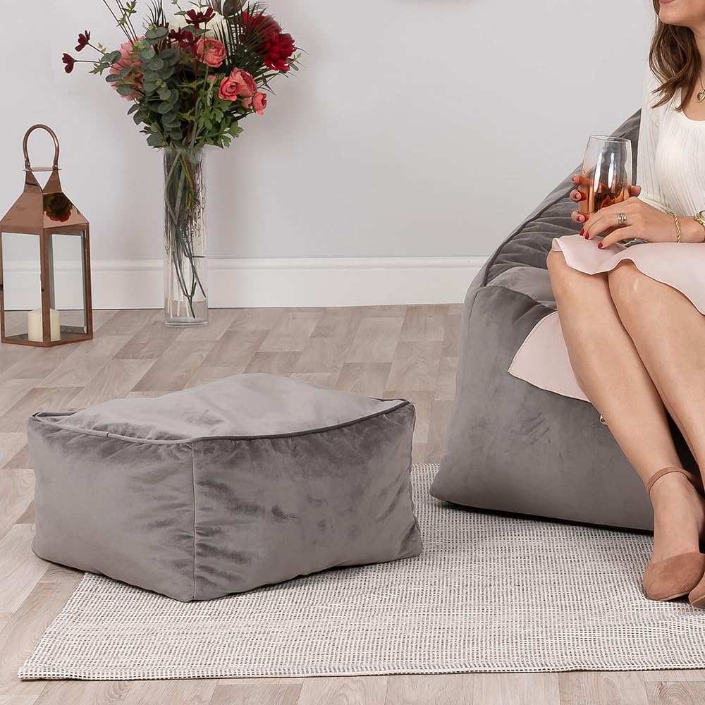 icon Amara Velvet Bean Bag Footstool, Charcoal Grey, Pouffe Footstool with Filling Included, Footrest, Bedroom, Living Room, Living Room Furniture