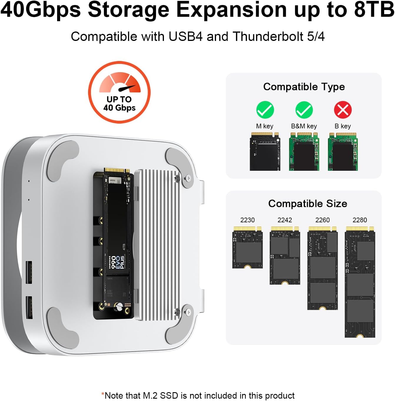 Qwiizlab 40Gbps Mac mini M4/M4 Pro Stand Hub with USB4 NVMe SSD Enclosure, USB-C Host, 3 USB-A 2.0, 3.5mm Audio, Supports M.2 PCIe up to 8TB, Compatible with Thunderbolt 4/5