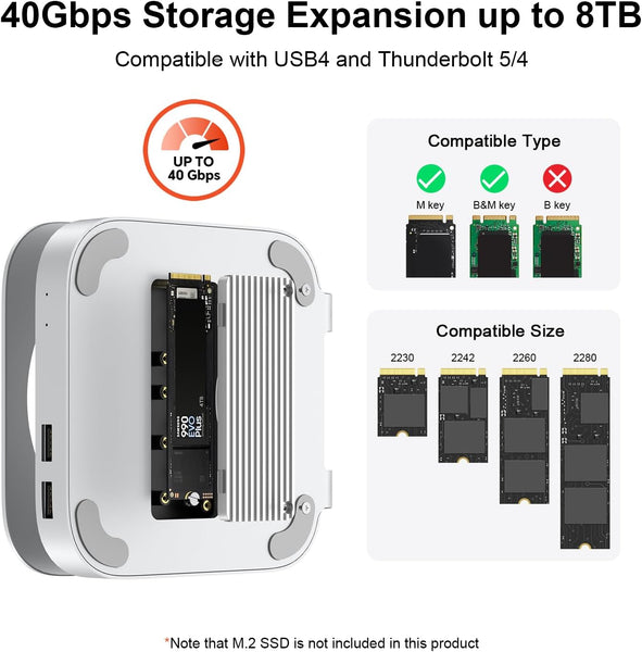 Qwiizlab 40Gbps Mac mini M4/M4 Pro Stand Hub with USB4 NVMe SSD Enclosure, USB-C Host, 3 USB-A 2.0, 3.5mm Audio, Supports M.2 PCIe up to 8TB, Compatible with Thunderbolt 4/5