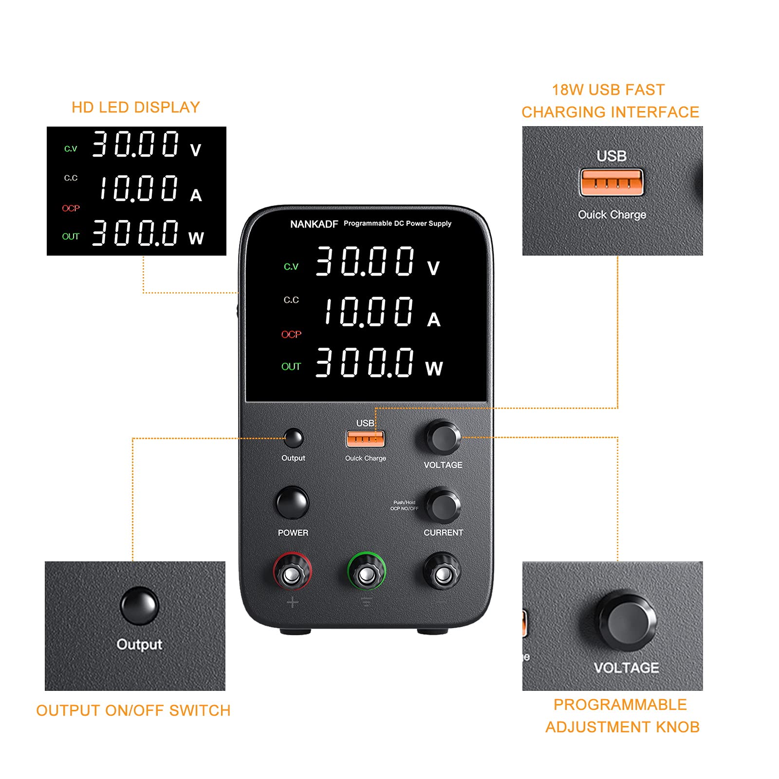 DC power supply (0-30V,0-10A) adjustable, switching power supplies, mini high precision 4-digit display with USB fast charging interface, variable lab bench power supply, output button/encoder knob