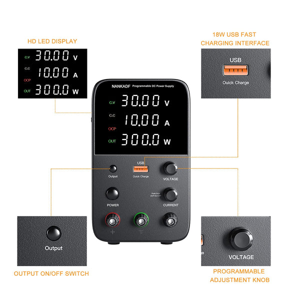 DC power supply (0-30V,0-10A) adjustable, switching power supplies, mini high precision 4-digit display with USB fast charging interface, variable lab bench power supply, output button/encoder knob
