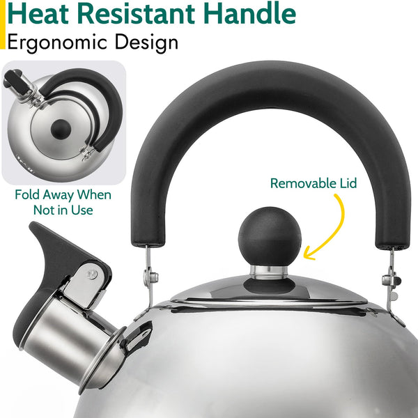 Trail 2L Whistling Camping Kettle, Polished Stainless Steel, Durable & Lightweight, Easy Pour Spout, Folding Heat Resistant Handle, Fast Boil Travel Kettle, Outdoor Fishing Hiking, 15cm x 18cm, 0.42kg
