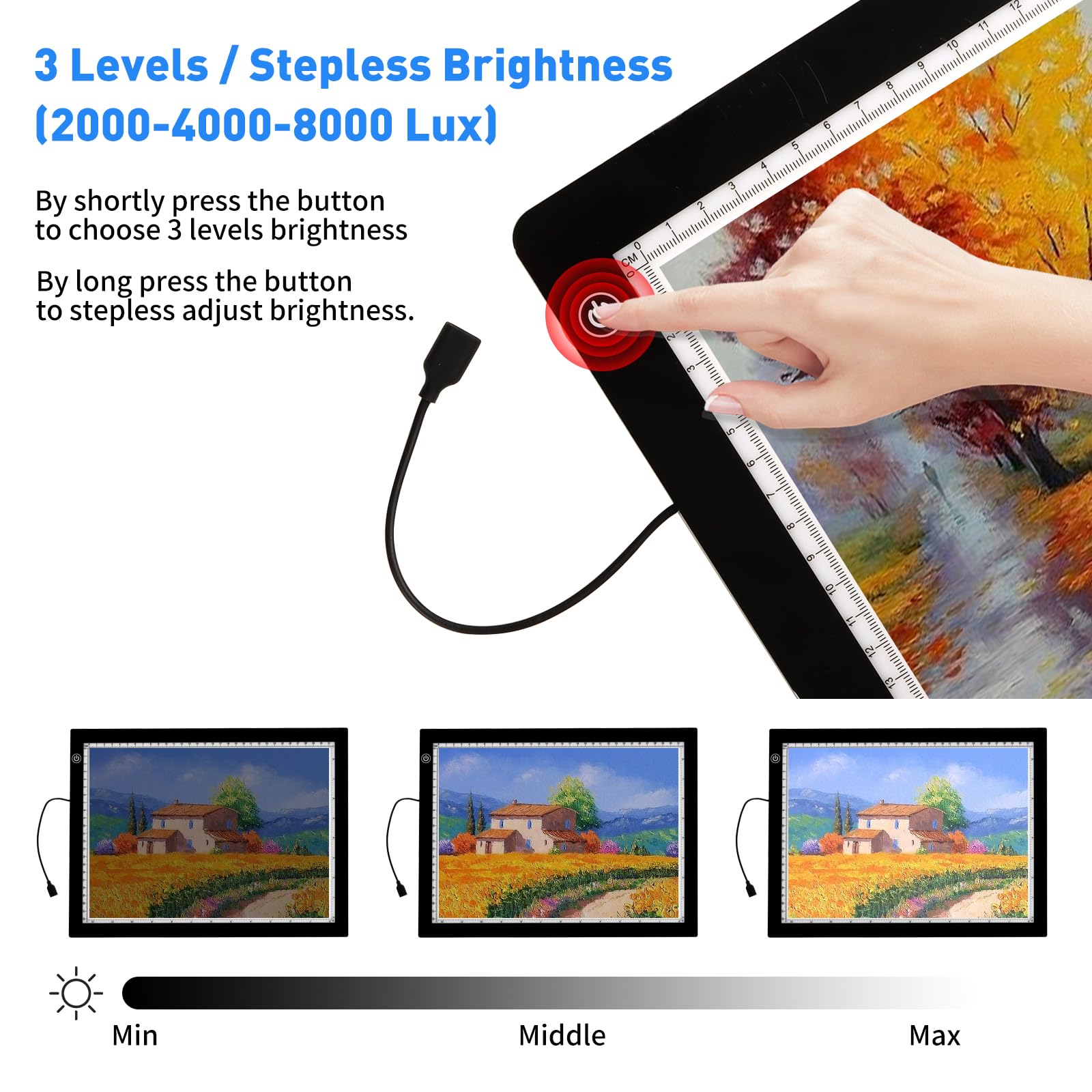 TOHETO A3 Light Pad with Foldable Stand, UL Certified Adapter, 8000 Lux Super Bright Ultra Thin Pad for Cricut Weeding Vinyl, Artist Drawing Light