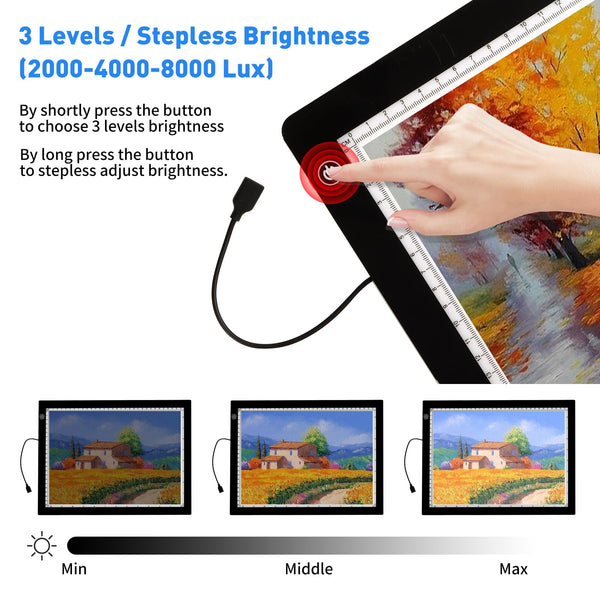 TOHETO A3 Light Pad with Foldable Stand, UL Certified Adapter, 8000 Lux Super Bright Ultra Thin Pad for Cricut Weeding Vinyl, Artist Drawing Light