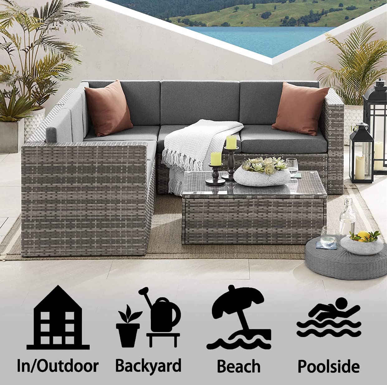 EVRE Monaco Rattan Garden Furniture Set 6 Piece Seat 5 Sofa 1 Ottoman Footstool Outdoor Wicker Weave Lounge Sofa and Glass Top Table with Cushions (Grey)