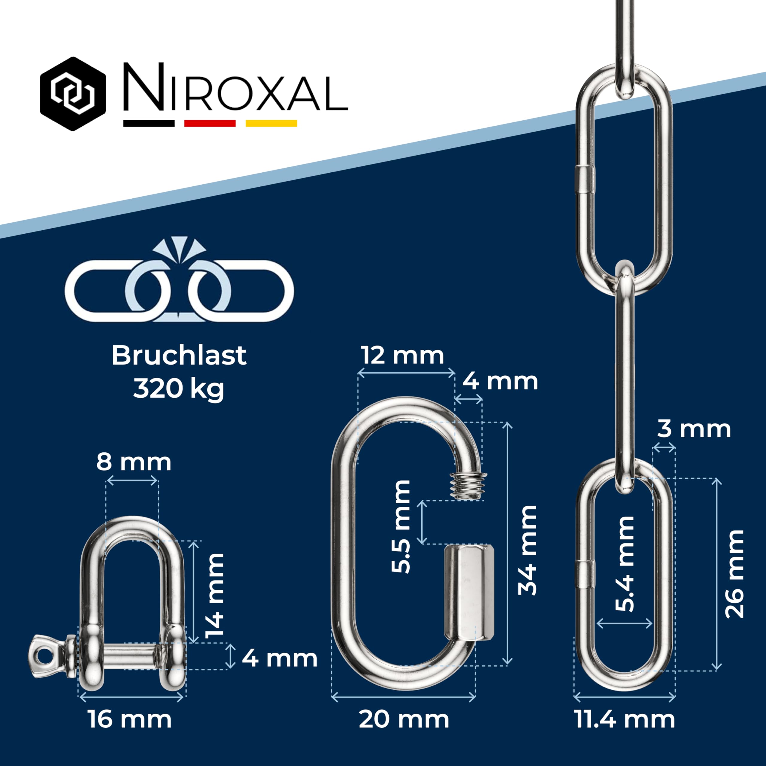 5 Pieces 200-cm = 2-Meter 3 mm Thick Stainless Steel Chain Breaking Load max 350 kg with Shackle Screw connectors Made of V4A mounting Set Suspension