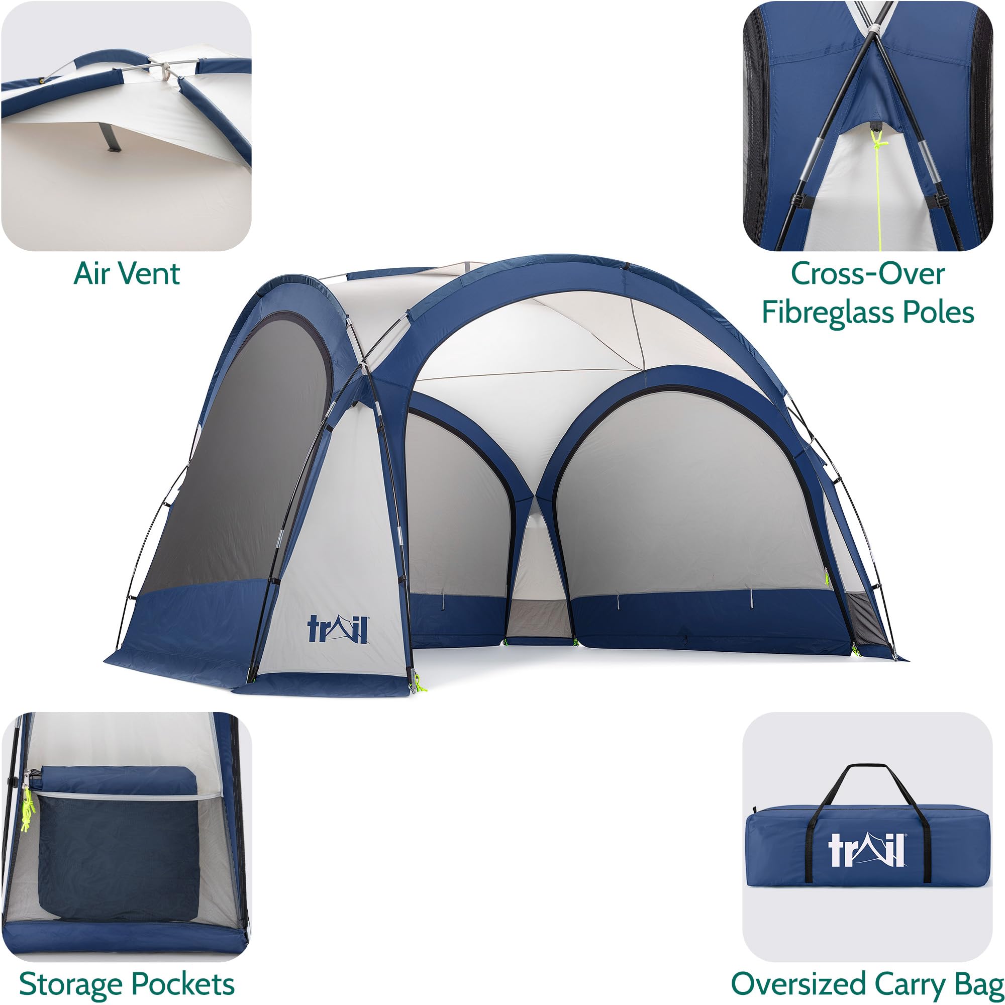 Trail Gazebo with Zip Away Sides, Dome Event Shelter for Outdoor Camping Garden Festival, Waterproof 2000mm, UPF50+ UV Sun Protection, Travel Bag, 3.5m x 3.5m x 2.3m (Grey)
