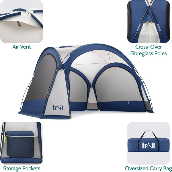 Trail Gazebo with Zip Away Sides, Dome Event Shelter for Outdoor Camping Garden Festival, Waterproof 2000mm, UPF50+ UV Sun Protection, Travel Bag, 3.5m x 3.5m x 2.3m (Grey)