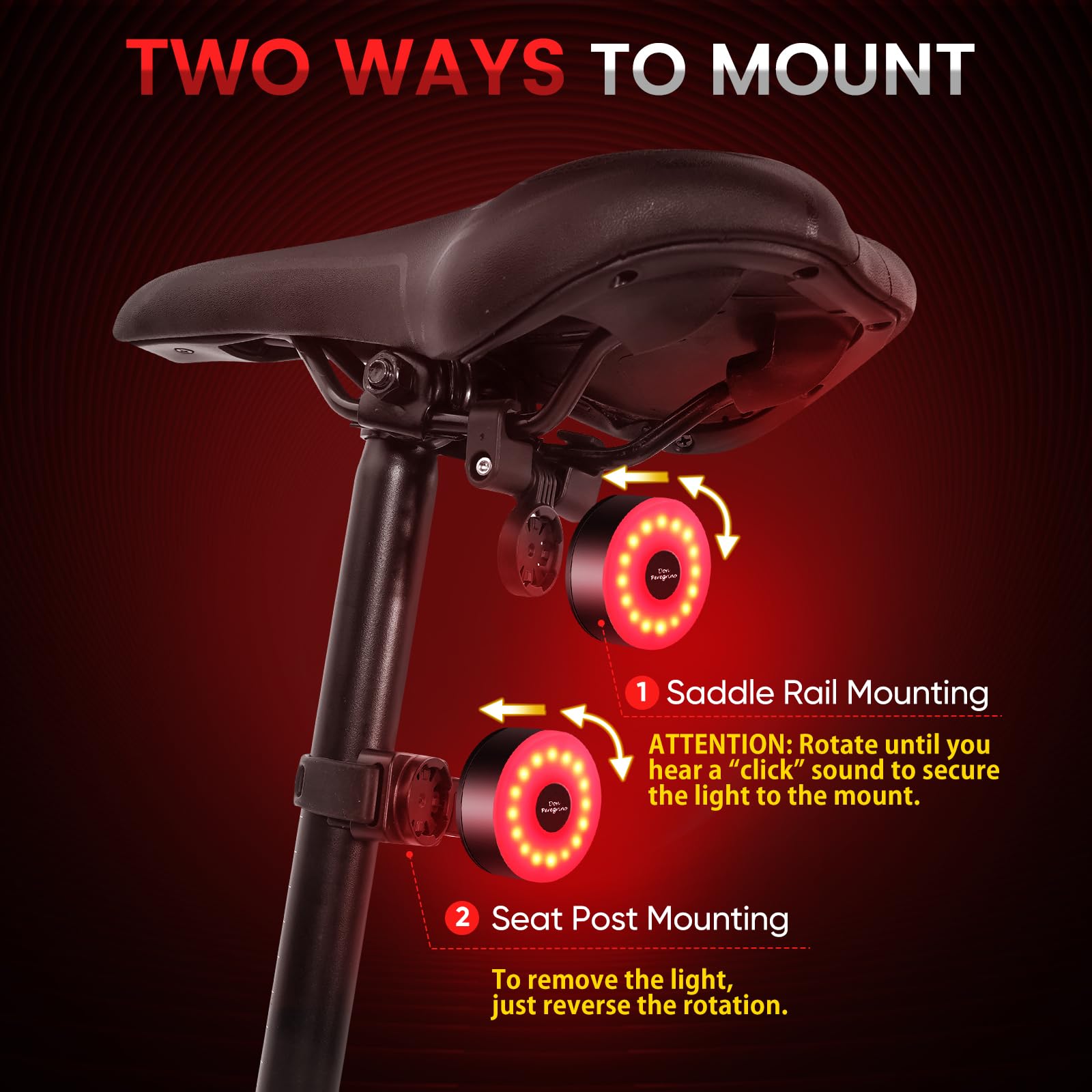 Rear Bike Light 90hrs Autonomy - Compact Size, IP65 Waterproof, USB C Rechargeable, Quick Release Mounts for Saddle & Seatpost, with 5 Steady Flash Modes, DON PEREGRINO M2 Bike Back Light