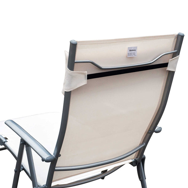 Outsunny Sun Lounger Steel Frame Outdoor Folding Chaise Texteline Lounge Chair Recliner with Headrest & 7 Levels Adjustable Backrest, Cream White