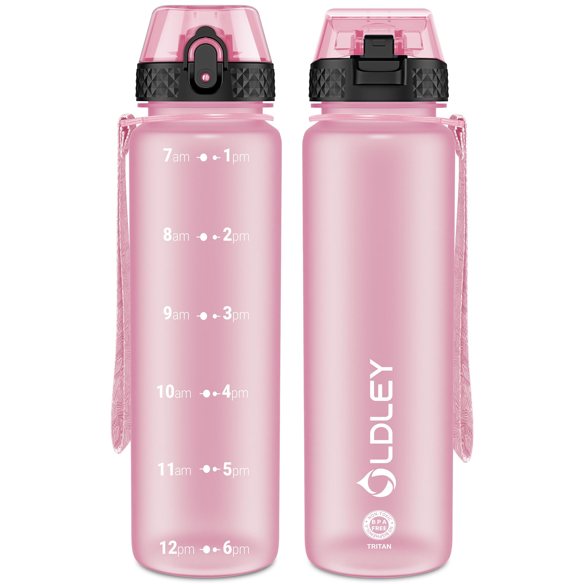 OLDLEY 1L/32oz Sports Water Bottle, 1000ml Motivational Drinks Bottle with Time Markings Leak Proof Drink & Lock Cover & No Straw, BPA Free for Adults Women Men Gym School Cycling Running Hiking