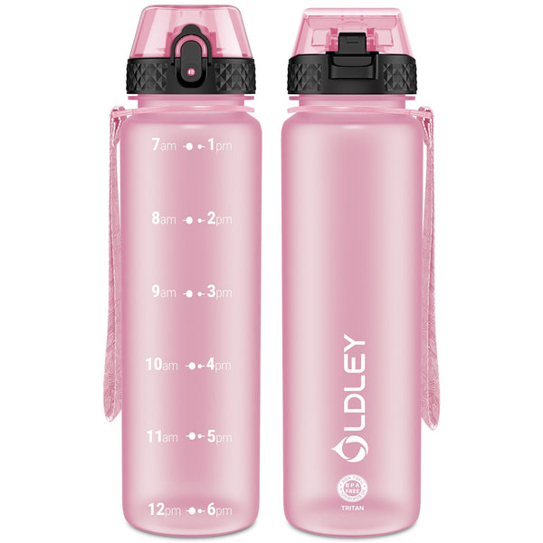 OLDLEY 1L/32oz Sports Water Bottle, 1000ml Motivational Drinks Bottle with Time Markings Leak Proof Drink & Lock Cover & No Straw, BPA Free for Adults Women Men Gym School Cycling Running Hiking