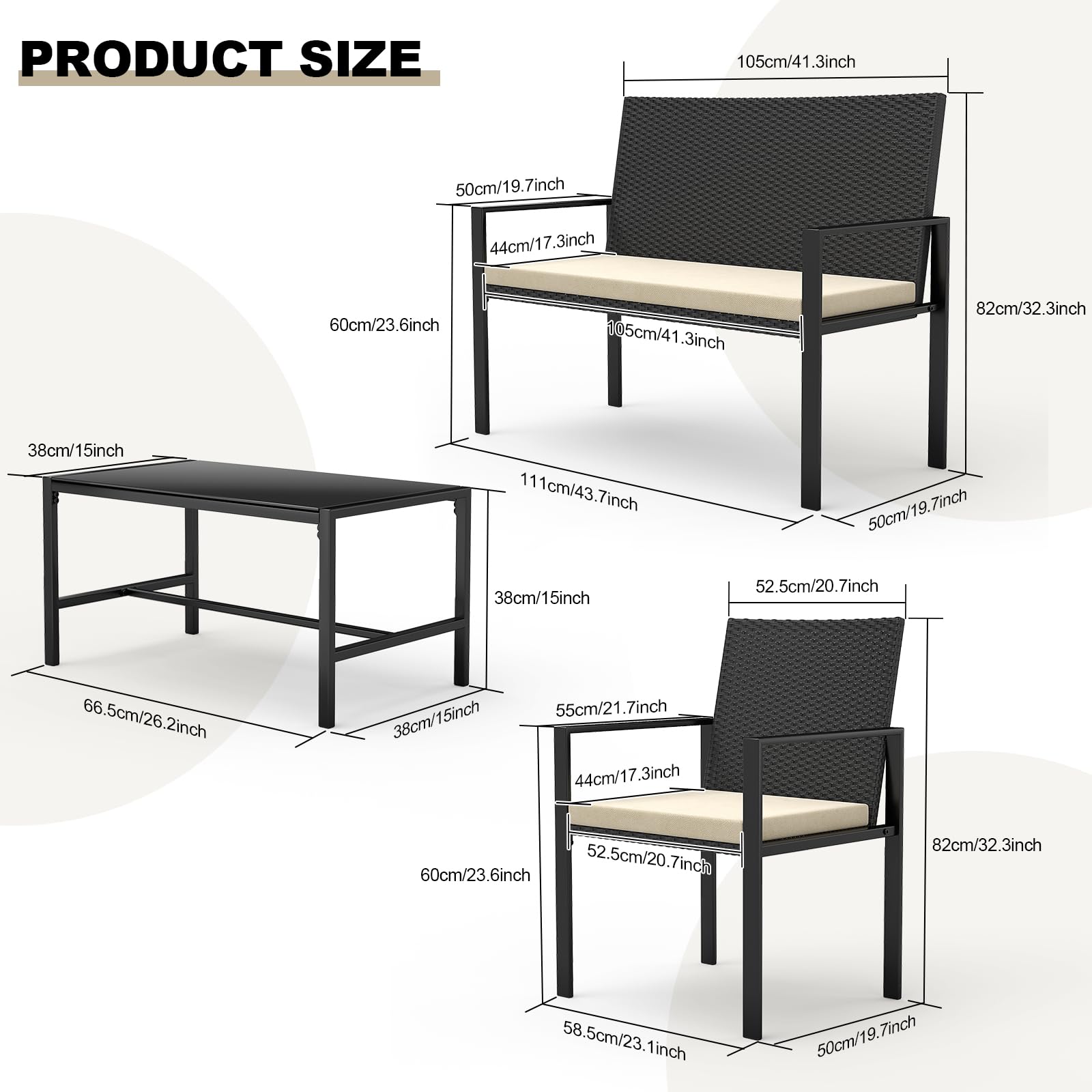 bigzzia Rattan Garden Furniture Set, 4 piece Patio Rattan furniture sofa Weaving Wicker includes 2 Armchairs,1 Double seat Sofa and 1 table (Black)