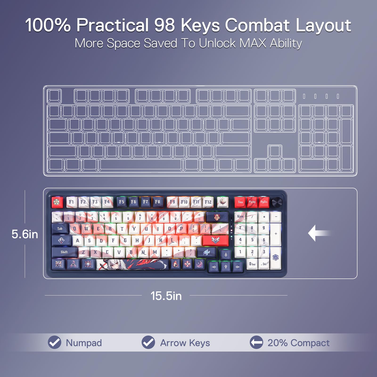 Redragon K686 PRO 98 Keys Wireless Gasket RGB Gaming Keyboard, 3-Modes Anime Mechanical Keyboard w/Hot-Swap Socket, Dedicated Knob Control & Sound Absorbing Pads, Custom Hi-Fi Linear Switch