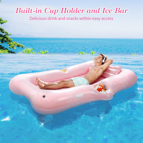 MoKo Pool Floats Adult, Floating Bed with Ice Bar, Tanning Bed Pool Raft Inflatable Lounger with Drink Holder Tanning Chair Inflatable Pool Toys for Party Beach Backyard