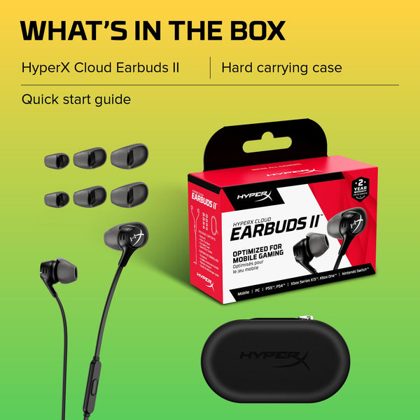 HyperX Cloud Earbuds II - Wired Gaming Earbuds 14mm Driver Built-in Microphone | 4 Ear Plug Sizes | 3.5mm Connector | Hard Case | PC, Console & Mobile Compatibility | Red