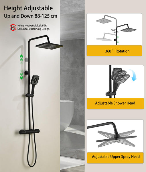 Thermostatic Shower Mixer Set,38°C Thermostatic Shower System with Rainfall Shower Head,3-Mode Handheld Shower,Adjustable Height Stainless Steel Shower Set (Black)