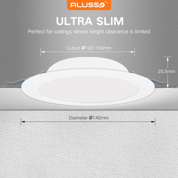 ALUSSO LED Downlights Ceiling 9W Ultra Slim Recessed Ceiling Lights, Warm White 3000K IP44 Spotlights Ceiling Lights for Kitchen Bathroom, 6 Pack