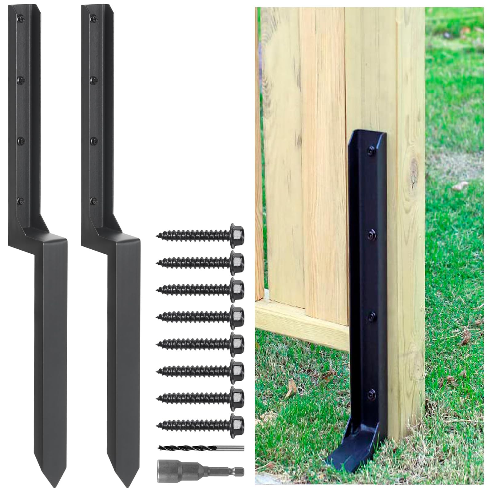 Fence Post Repair Spike - 2 Pack Heavy Duty Fence Post Support Ground Spike for Tilted or Broken Wooden Fence Posts, Durable Garden Fencing Solution