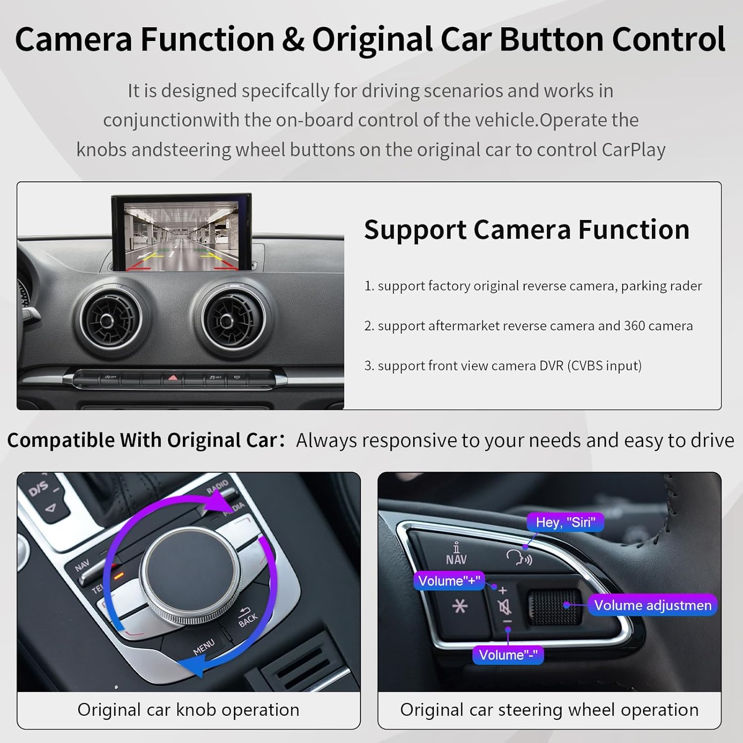 Road Top Wireless Carplay Android Auto Retrofit Kit for Audi A3 2013-2018 Year, Carplay Retrofit Kit Decoder, Support Mirror Link, Reverse Camera, Navigation