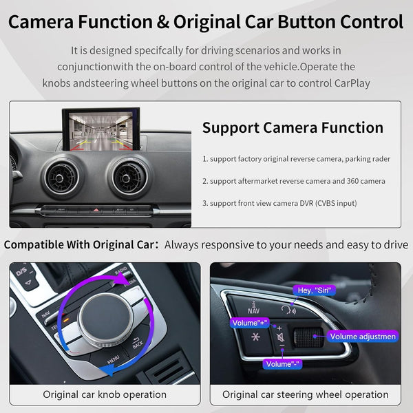 Road Top Wireless Carplay Android Auto Retrofit Kit for Audi A3 2013-2018 Year, Carplay Retrofit Kit Decoder, Support Mirror Link, Reverse Camera, Navigation