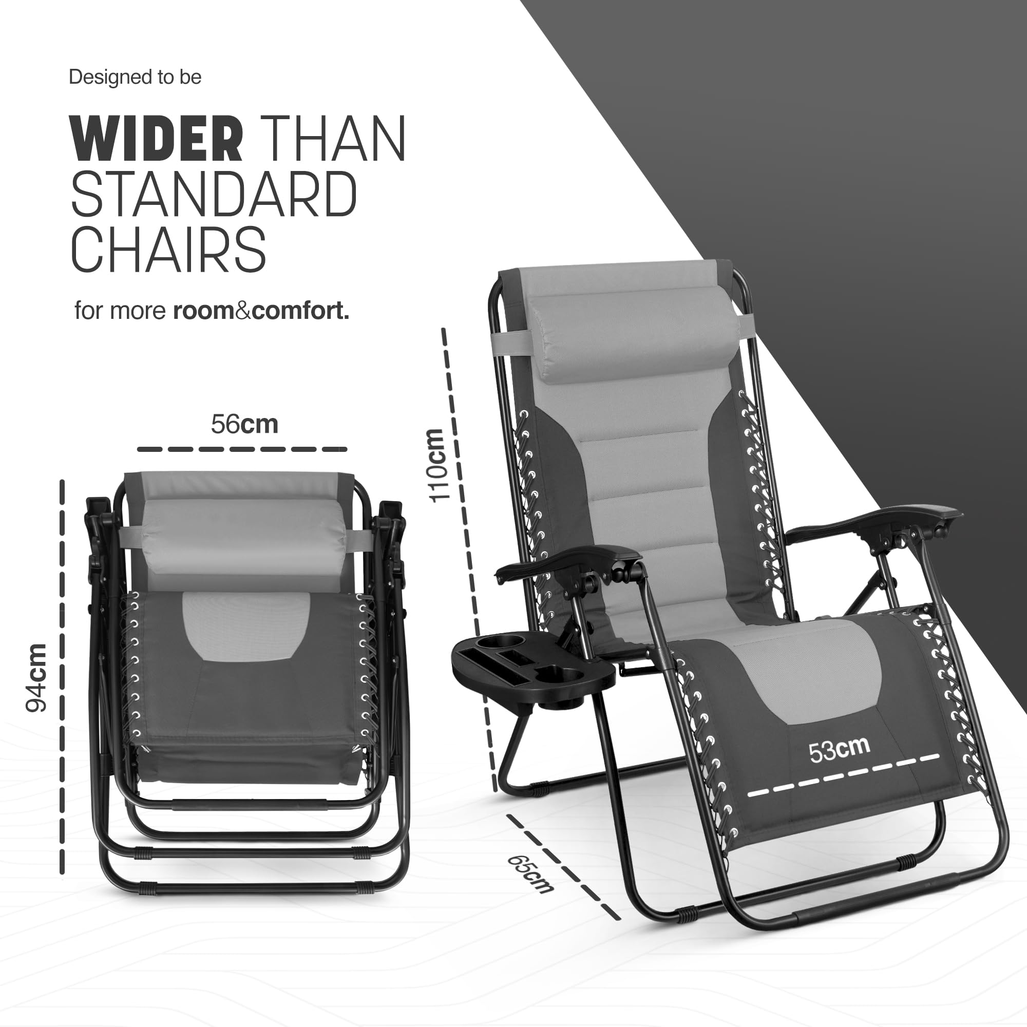 KEPLIN Set of 2 XXL Premium Heavy Duty Padded Zero Gravity Chairs - Luxurious Garden Recliners, Adjustable Headrest, Cup & Phone Holder, Foldable, Easy to Clean Patio Sun Loungers(Black)