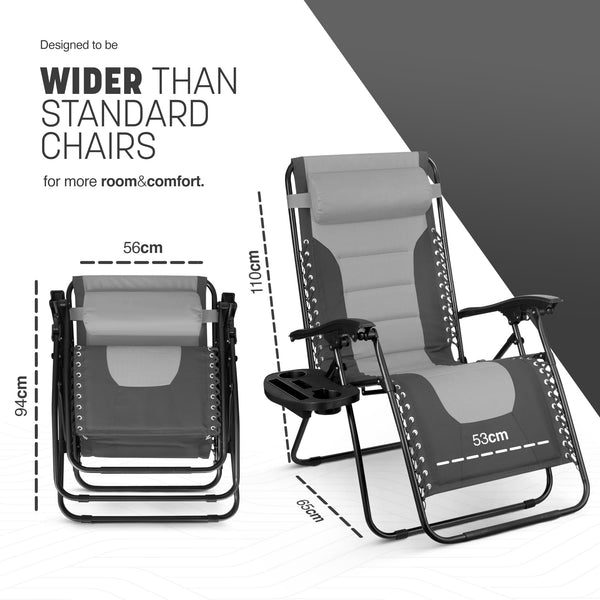 KEPLIN Set of 2 XXL Premium Heavy Duty Padded Zero Gravity Chairs - Luxurious Garden Recliners, Adjustable Headrest, Cup & Phone Holder, Foldable, Easy to Clean Patio Sun Loungers(Black)