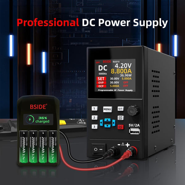 BSIDE Programmable DC Power Supply Variable 30V 10A 300W Regulated Switching Power Supply with 1mA Dual Fine-Tuning 4-Digit 6-Line Colour Display CA CC Mini Workbench Power Supply for Electronics Lab