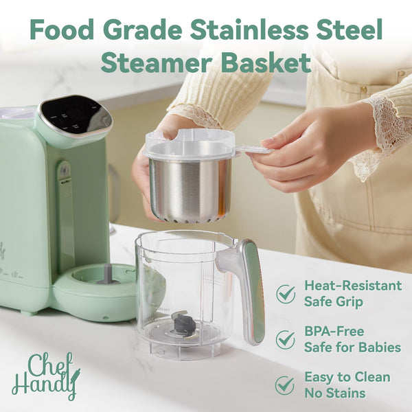 Chefhandy Baby Food Maker, 5 in 1 Baby Food Processor with Stainless Steel Steam Basket, Food Puree Maker with Steamer, Blender, Bottle Warmer Function, Auto Cooking & Grinding, Touchscreen (Green)
