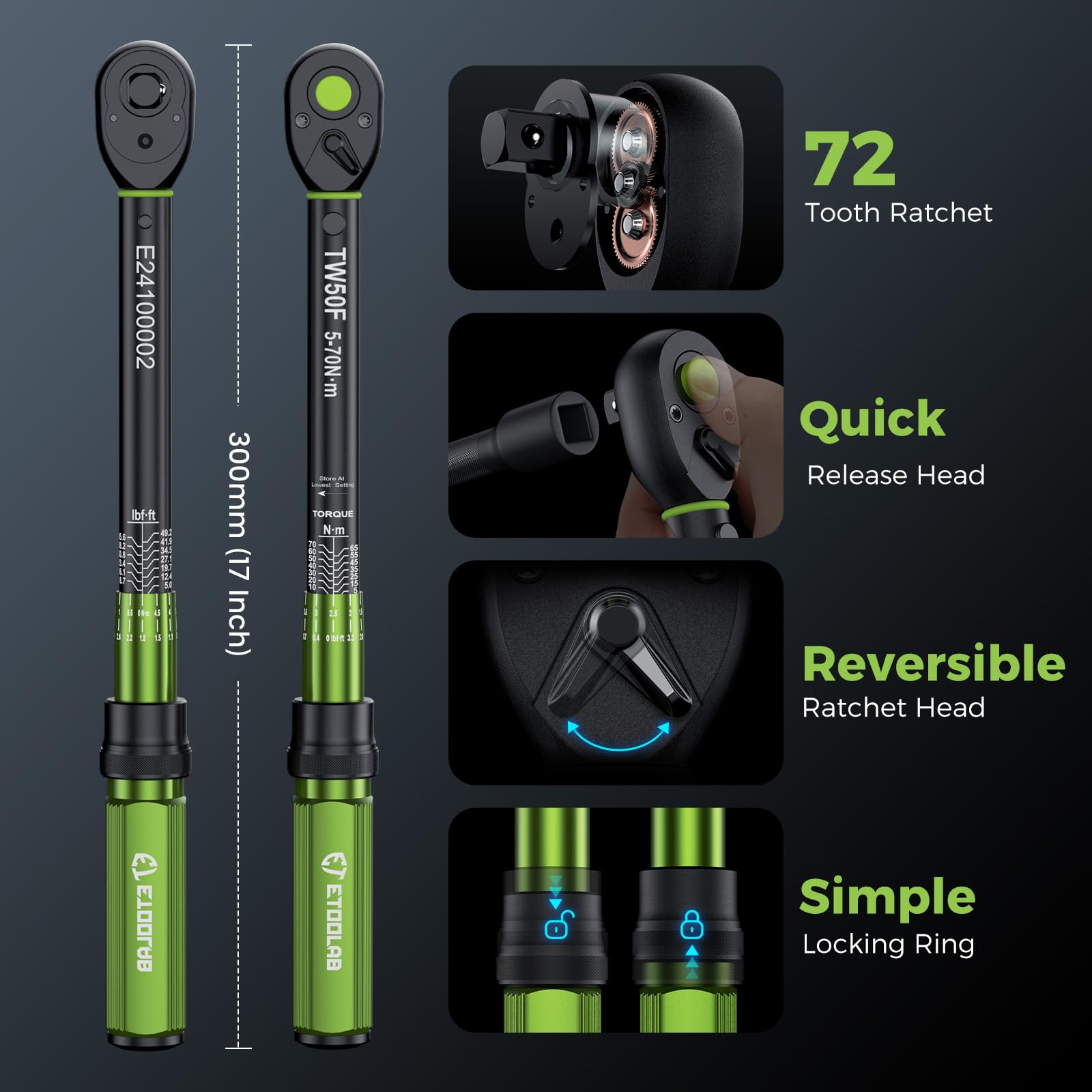 ETOOLAB 1/2 Torque Wrench Dual-Range【20-230Nm/10-170lbf-ft】±3% Precision, 72 Tooth Dual-Direction Adjustable Torque Wrench for Bicycle, Moto, Car Maintenance—3pcs