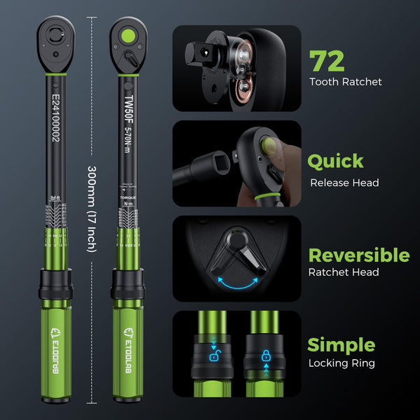 ETOOLAB 1/2 Torque Wrench Dual-Range【20-230Nm/10-170lbf-ft】±3% Precision, 72 Tooth Dual-Direction Adjustable Torque Wrench for Bicycle, Moto, Car Maintenance—3pcs
