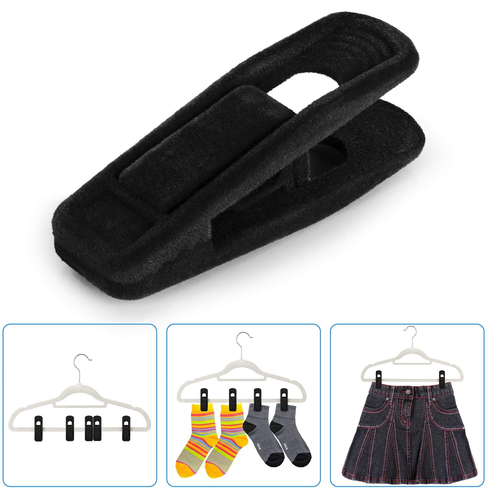 Tinfol Velvet Hangers - 50pc Black Pants Hangers, Strong Finger Flocked Clips for Slim-line Clothes