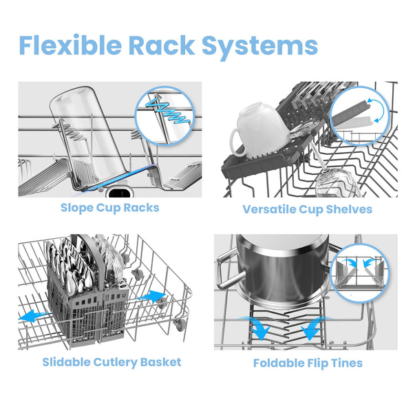 COMFEE' Freestanding Dishwasher FD1435E-X with 14 place settings, Full Size, Whisper Quiet 44dB, Wide LED Display, Delay Start, Half Load Function, Flexible Racks, Stainless Steel