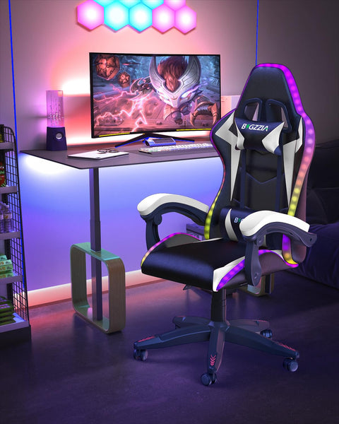 Racingreat Gaming Chair with Led Lights, Video Game Chair, Ergonomic RGB Gaming Chair for Adults, Height Adjustable Reclining Computer Chair with Headrest and Lumbar Support (With RGB, Black)