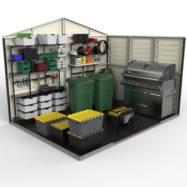 Duramax WoodSide 10 x 8 (8.02 m2) Plastic Garden Shed with 3 Fixed Windows & Metal Foundation Kit, Strong Metal Roof Structure Fire Retardant and Maintenance-Free Storage Shed - Ivory/Brown