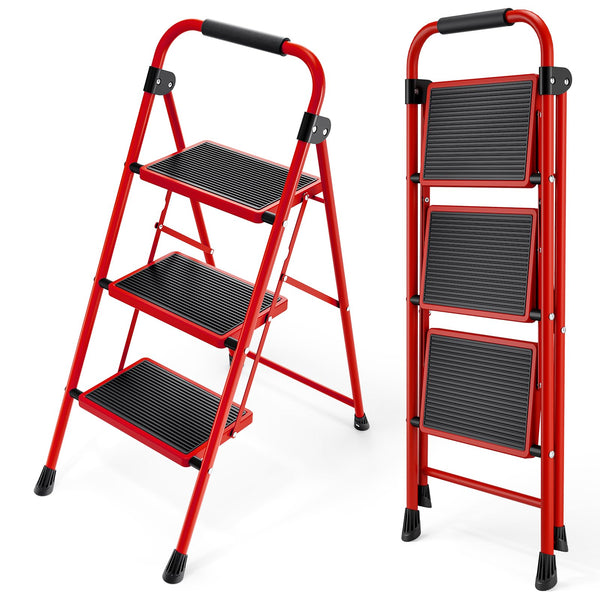 KINGRACK 2 Step Ladder with Handrail, Non-Slip Household Ladder with Folding Safety, Aluminium Folding Step Stool, Maximum Load 150 kg, Black
