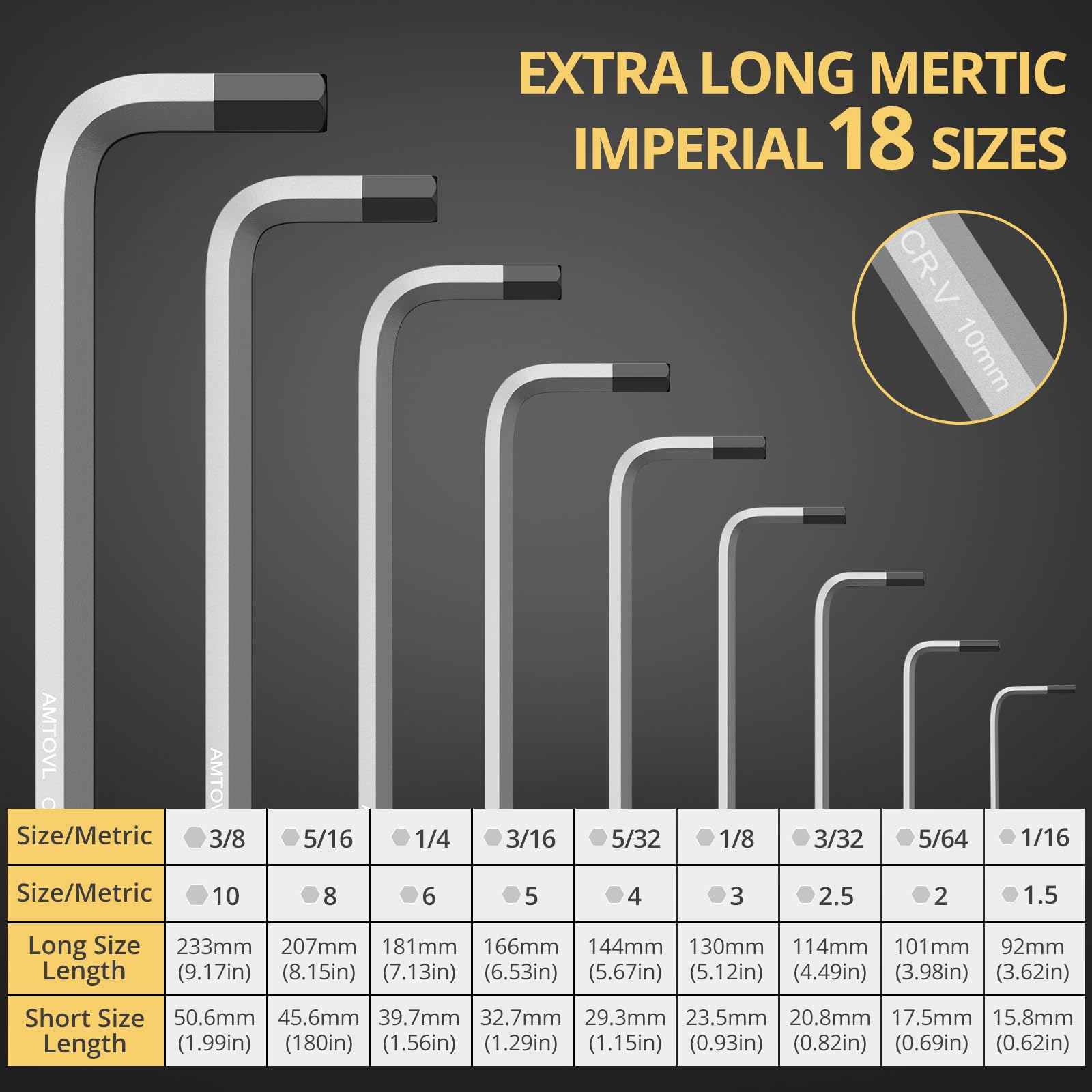 AMTOVL Hex Key Set, Allen Wrench Set, 18PCS Metric and SAE Allen Key Set Extra Long with Ball End T-Handle CRV & S2 Steel 1.5mm-10mm, 1/16-3/8