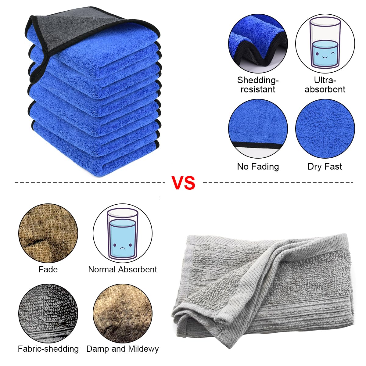 URAQT Microfibre Cleaning Cloths, 6 Pack, Two-layer Thickened Towels, Lint Free Super Absorbent Towel for Household and Car Washing, Drying, Detailing, 40x30cm