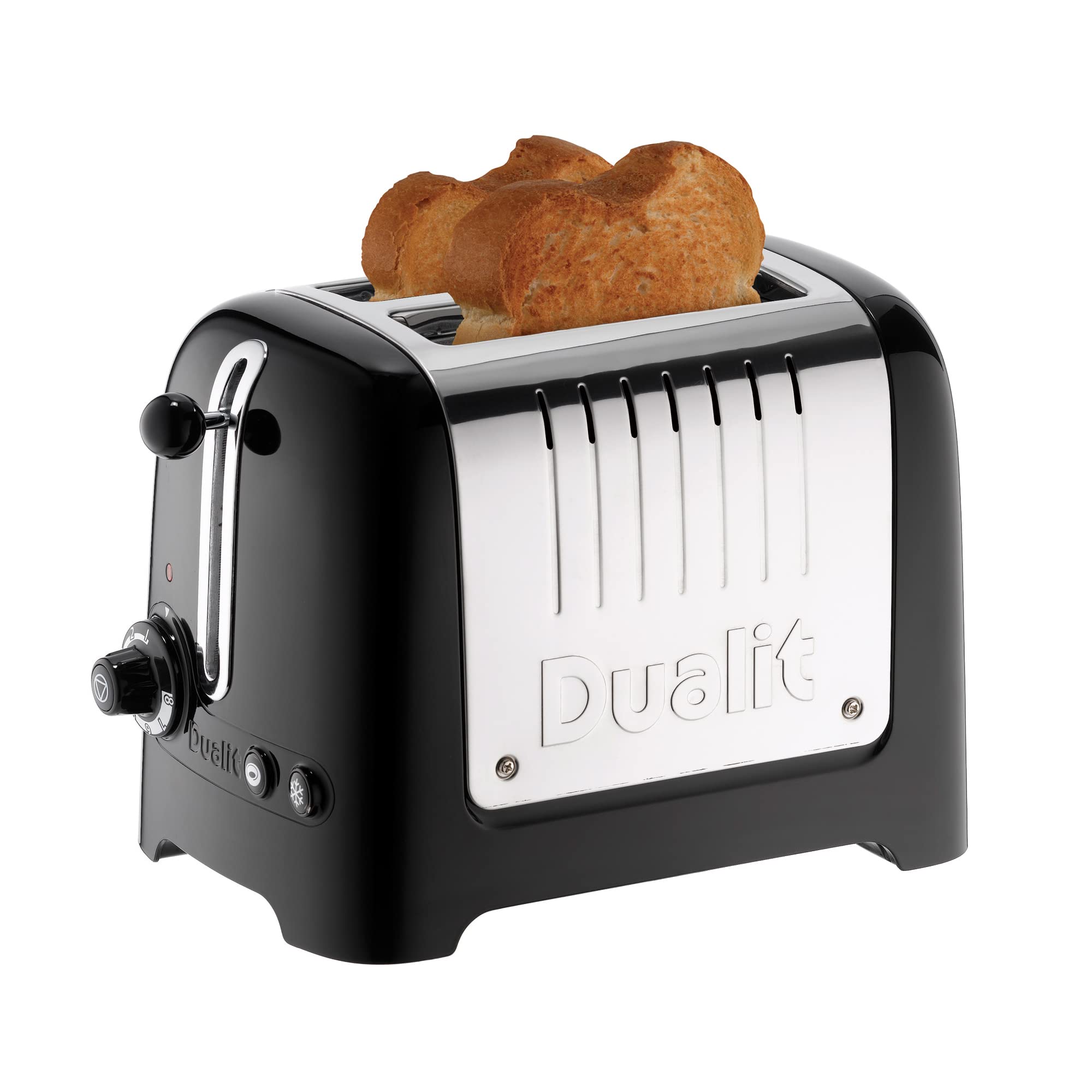Dualit 2 Slice Lite Toaster | 1.1kW Toasts 60 Slices an Hour | Polished with High Gloss Black Trim | Bagel & Defrost Settings | 36 mm Wide Slots |