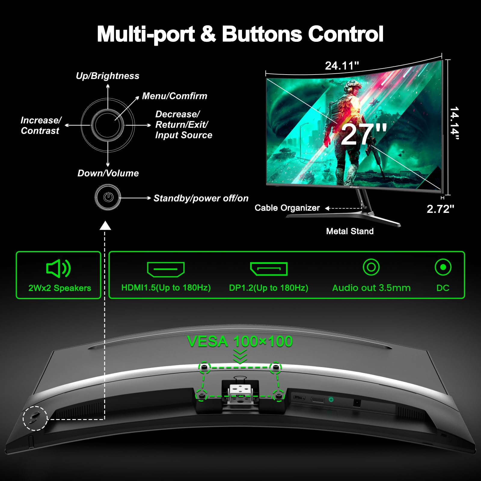Minifire 27 Inch Gaming Monitor, 180Hz, Curved Gaming Monitor, Built in Speaker, Crosshair, 1Ms, sRGB130%, FHD 1080P Computer Screen, VESA Compatible, Eye Care Adaptive Sync HDMI＆DP Prots （MFG27C1 ）