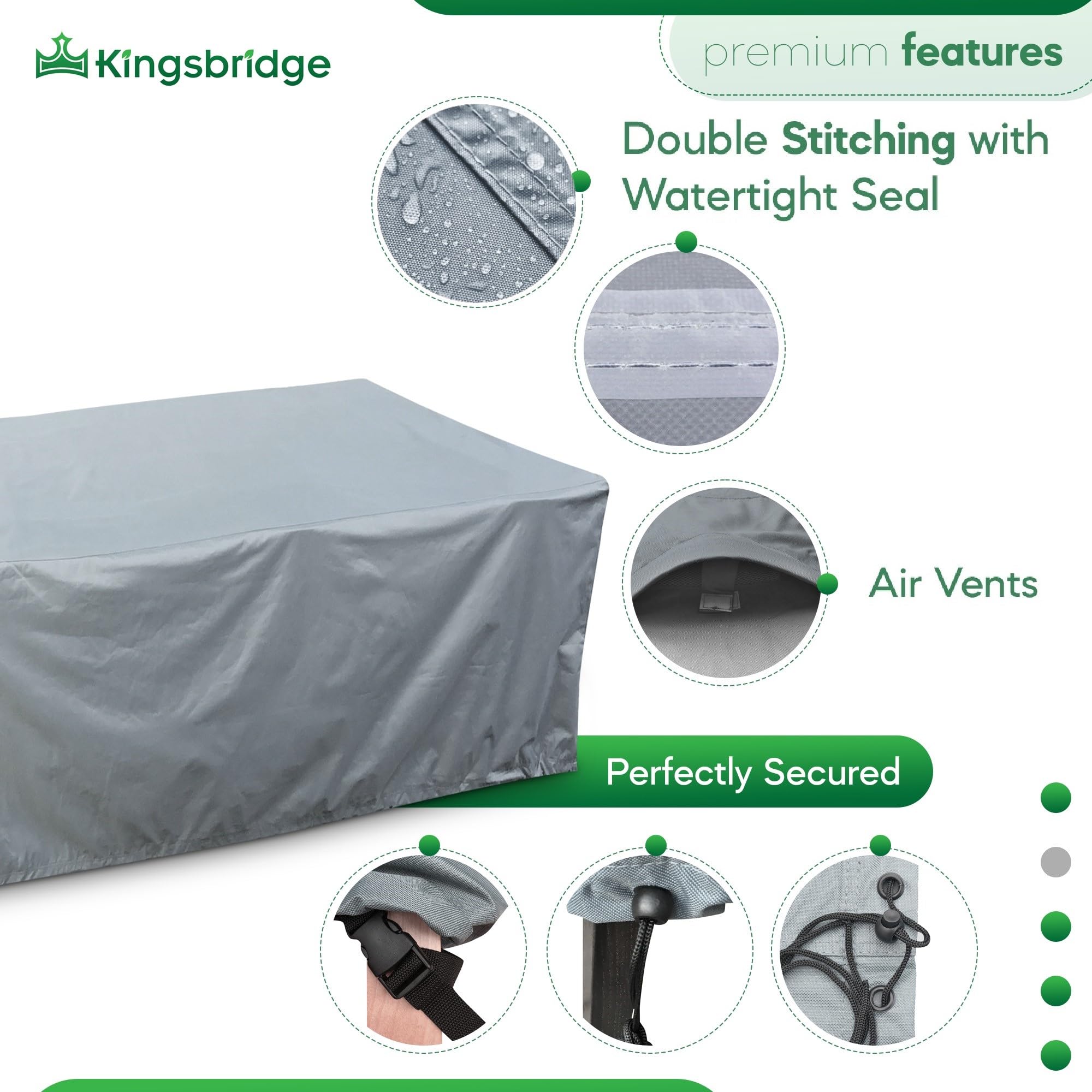 Kingsbridge Rectangular Garden Furniture Table Cover 600D Heavy Duty Fabric, Double Stitching, Waterproof, Anti UV, Breathable, Rip Proof, Grey