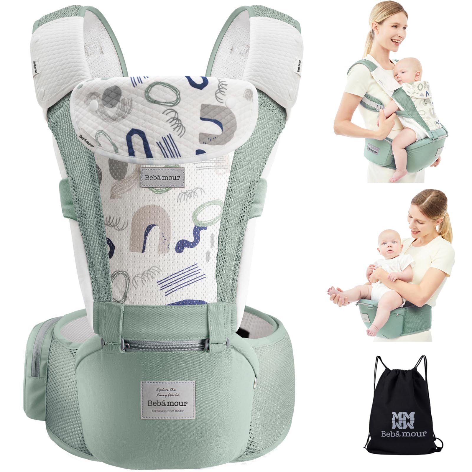 Bebamour Baby Carrier Newborn to Toddler Baby Carrier Hipseat 0-36Months with Head Hood, 3 PCS Teething Pads, Waist Extender, Grey