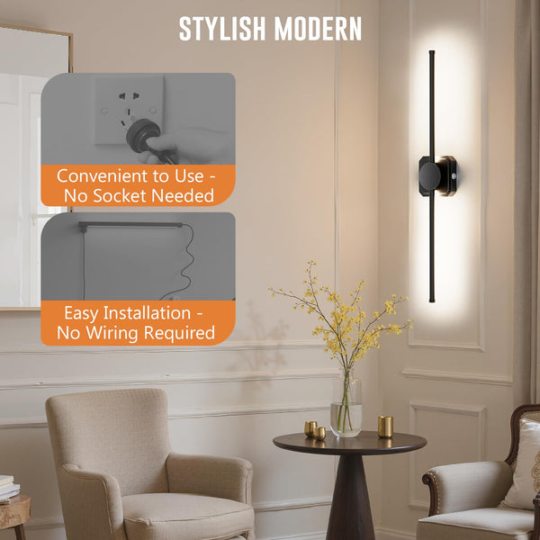 Battery Operated Wall Lights Indoor,USB Rechargeable LED Wall Lamps,with Remote Control,Dimmable Touch Wireless Black 72cm 350°Rotation Modern Wall Light for Living Room/Bedroom,2 Pack [Energy C]